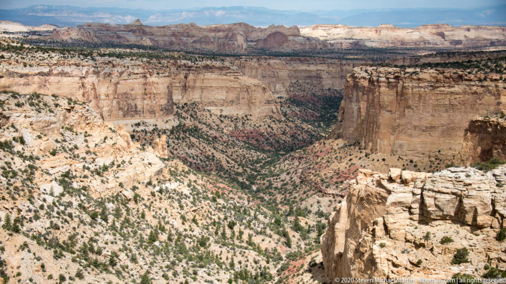 A deep green-lined ravine winds between pale layered cliffs and open plateaus.