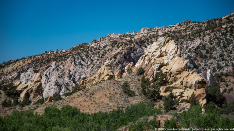 Pale ridges with pink and gray bands run across the frame above a dark green tree line.