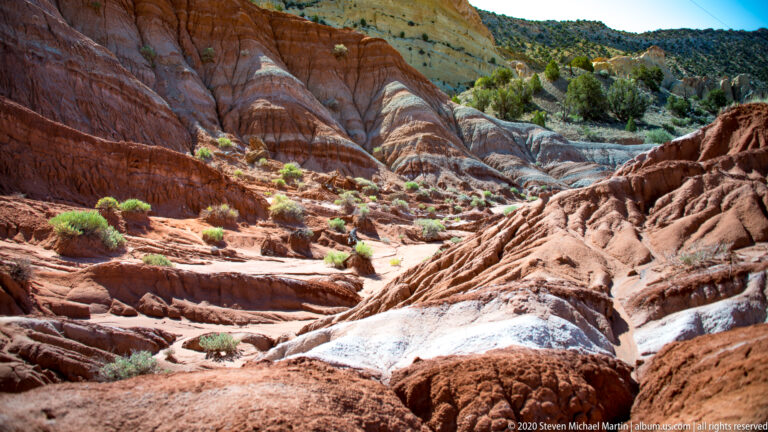 Cream and gray rock bands cross red hills cut by gullies and dotted with shrubs.