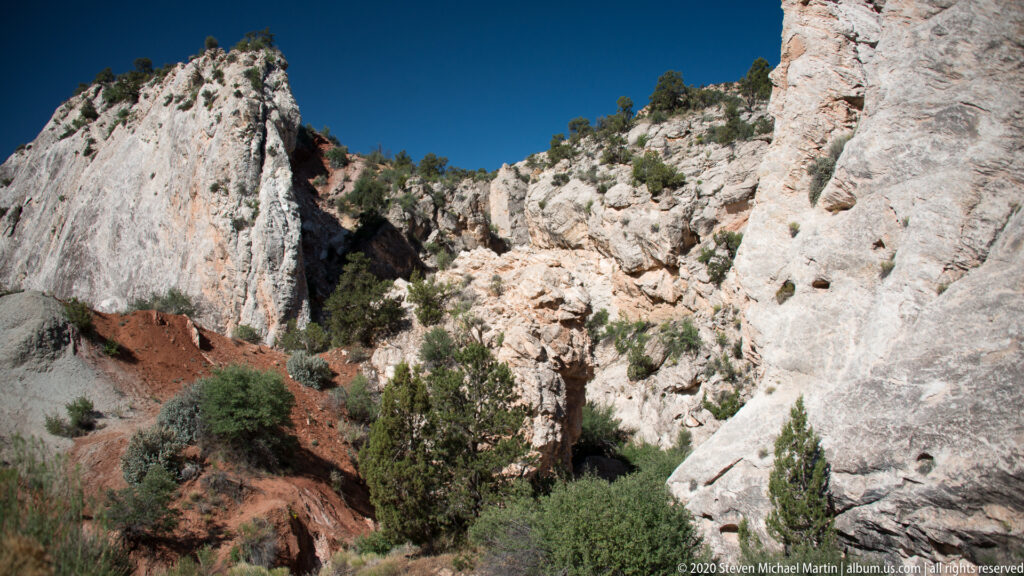 White and cream canyon walls rise above red sandstone and shrubs in the sandy narrows.