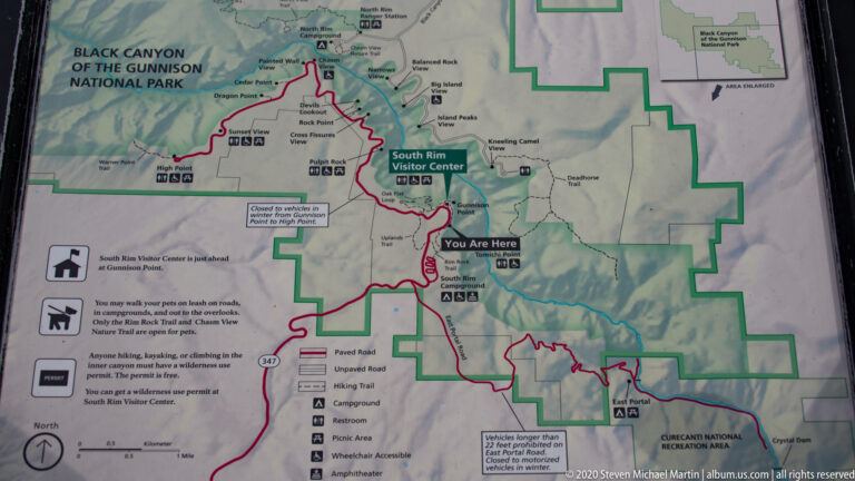 A park map marks roads, trails, overlooks, facilities, and a “You Are Here” location.