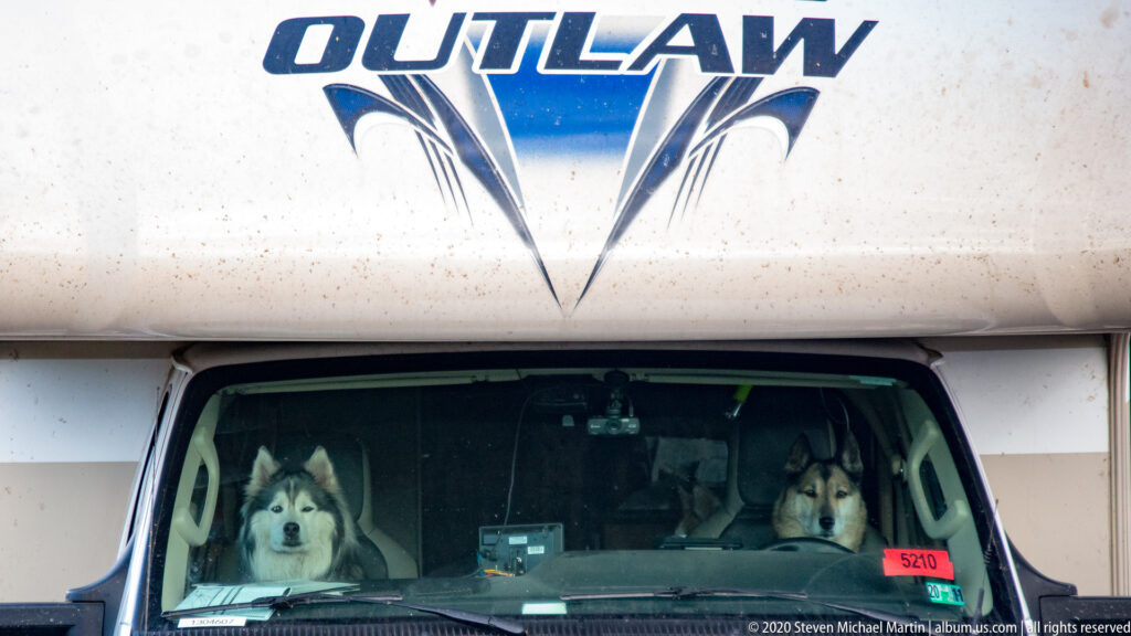 Two dogs peer through a motorhome windshield beneath a large blue Outlaw logo.
