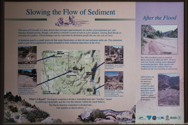 Interpretive panel with a watershed map, sediment-flow diagrams, photographs, and an After the Flood section.