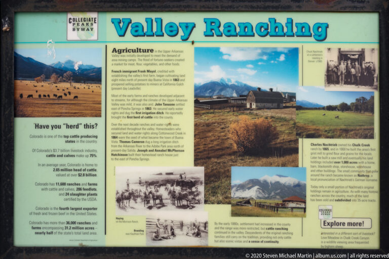 A “Valley Ranching” wayside panel combines historical text, archival photographs, a map, and images of ranches and cattle.