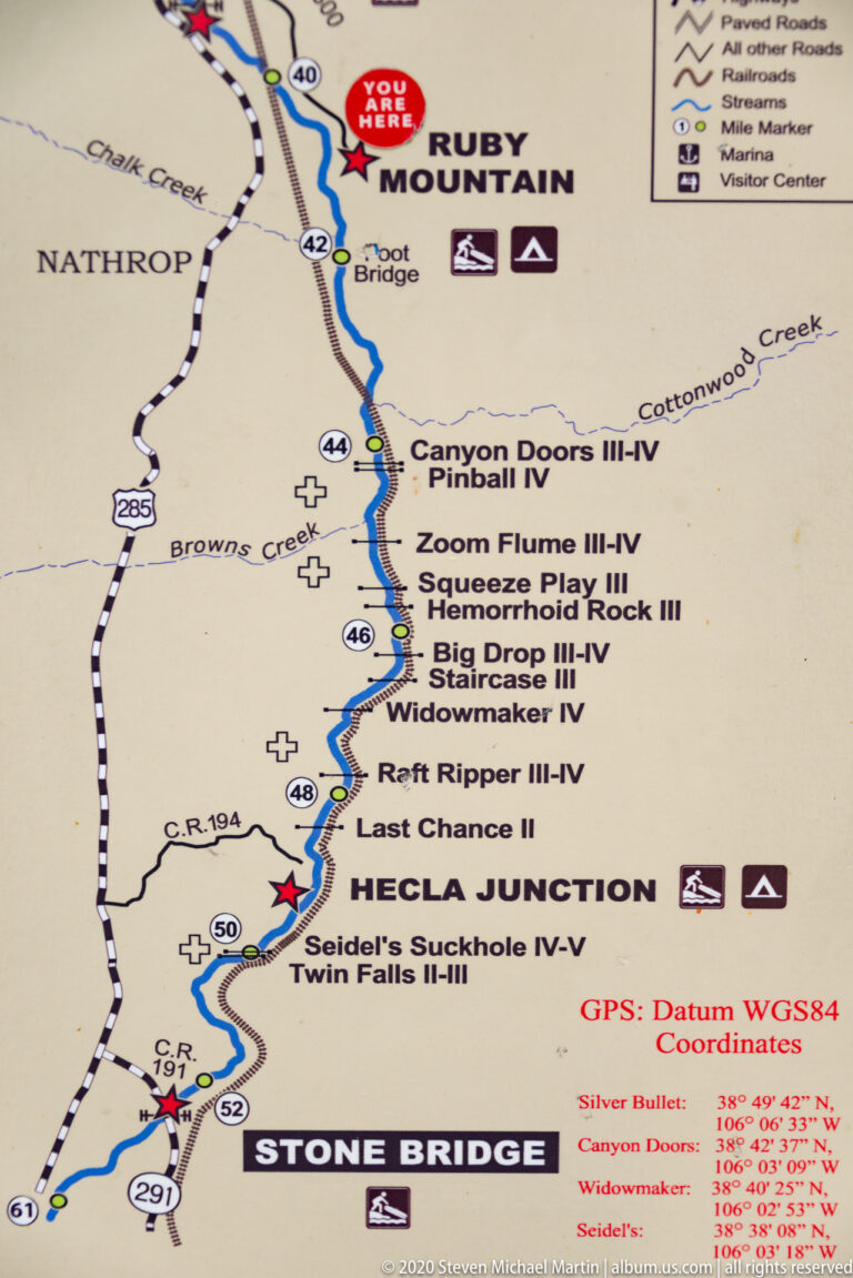 A close map view labels named rapids along the Arkansas River near Hecla Junction and Stone Bridge.