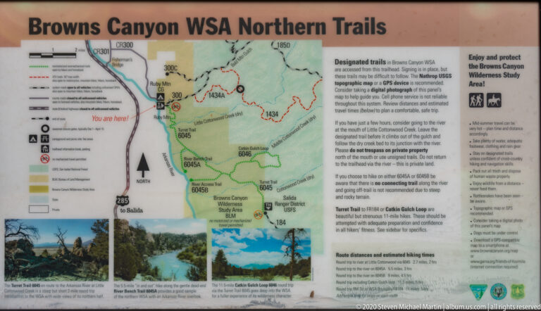 A Browns Canyon northern trails panel shows a color-coded map, route notes, hiking times, and small landscape photographs.