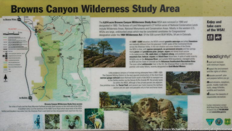 A Browns Canyon Wilderness Study Area panel combines a boundary map, natural-history text, landscape photographs, and visitor guidance.