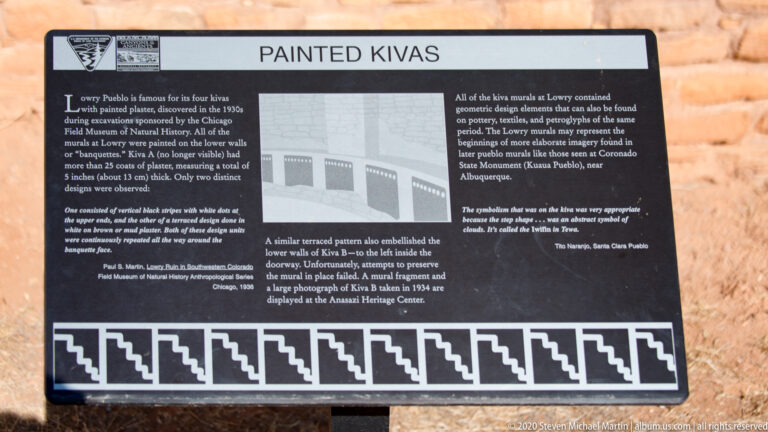 A “Painted Kivas” sign displays explanatory text, images, and a geometric border.