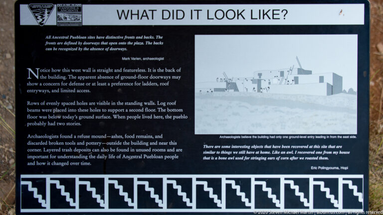 A panel titled “What Did It Look Like?” shows a reconstructed pueblo drawing beside text.