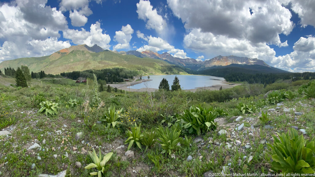 A grassy, flower-dotted slope descends toward a lake bordered by forest and distant peaks.