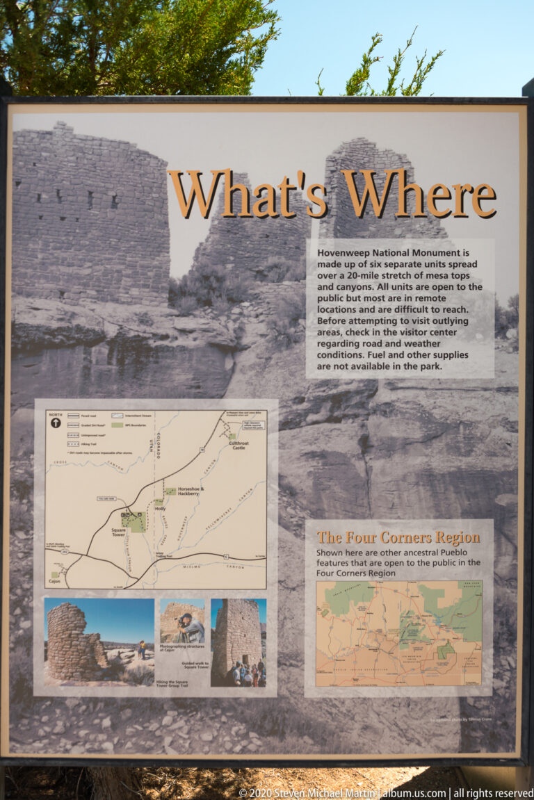 A “What’s Where” sign shows a site map, a Four Corners map, photographs, and explanatory text.