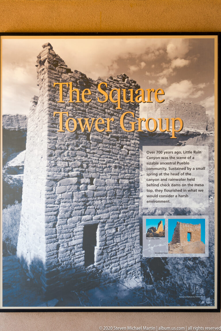 A “Square Tower Group” panel shows a masonry tower photograph, explanatory text, and smaller ruin images.