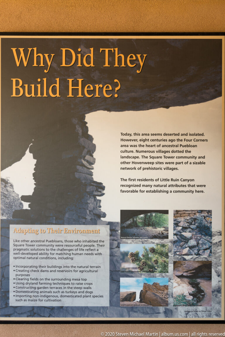 A “Why Did They Build Here?” sign pairs text about adaptation with four landscape photographs.