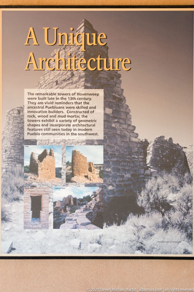 A “Unique Architecture” panel overlays text and four ruin photographs on an image of stone walls.