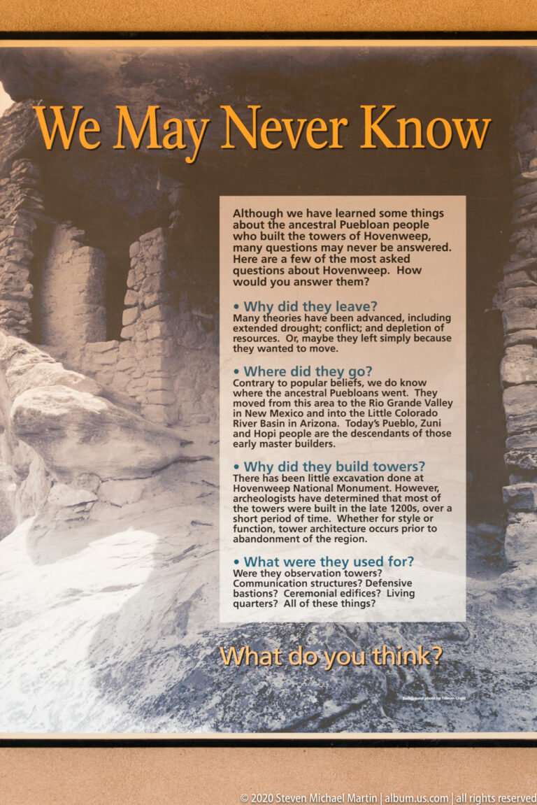 A “What We May Never Know” exhibit lists questions about the people who built Hovenweep.