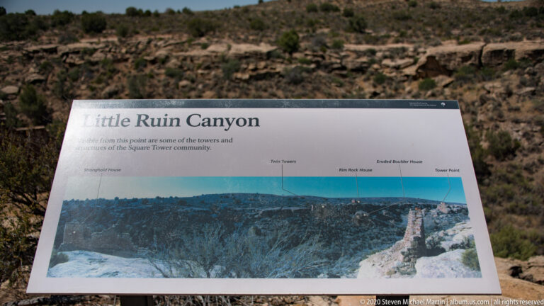 A “Little Ruin Canyon” sign labels towers and houses across a panoramic canyon photograph.