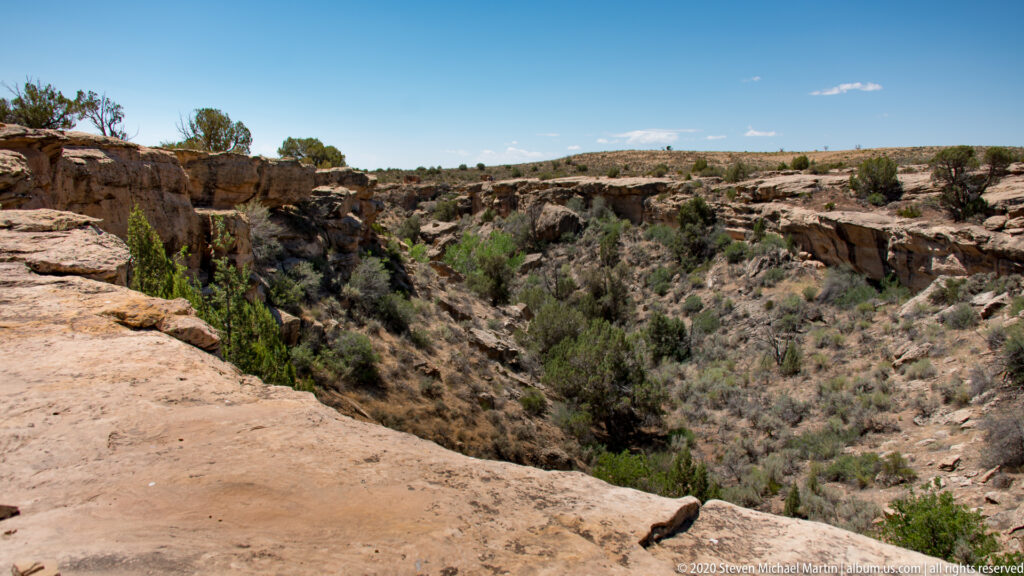 A shrub-lined ravine cuts between broad sandstone ledges and low desert hills.