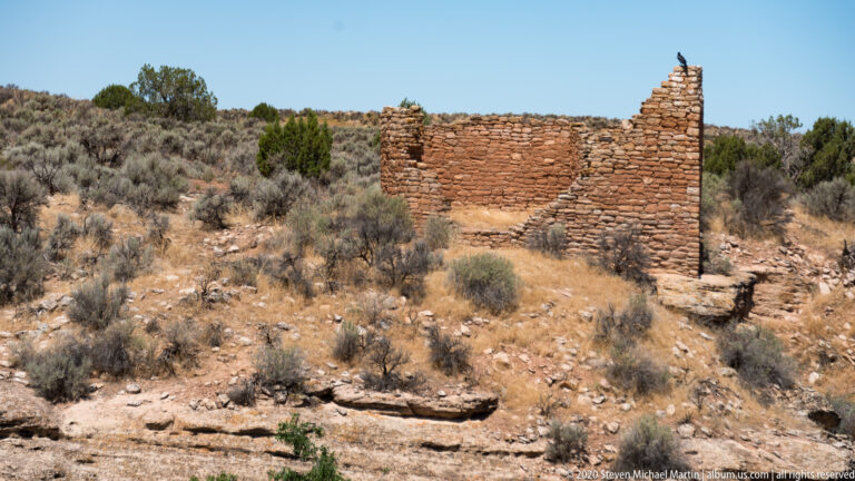 A weathered stone wall crosses a sandstone ledge amid sparse desert shrubs and grasses.