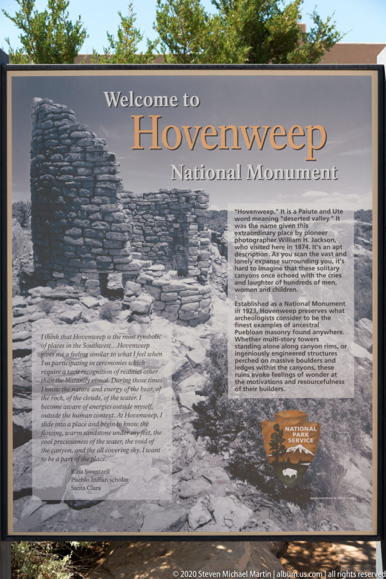 A framed welcome panel introduces Hovenweep National Monument with a ruin photograph and text.