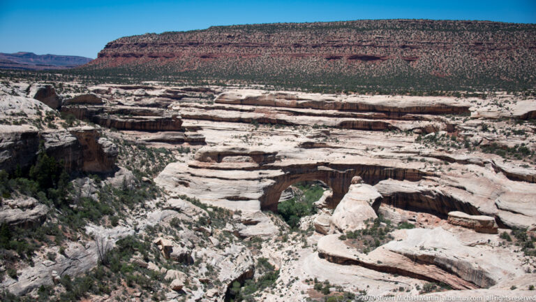 A broad sandstone bridge crosses a deep, tree-filled ravine amid layered pale rock.