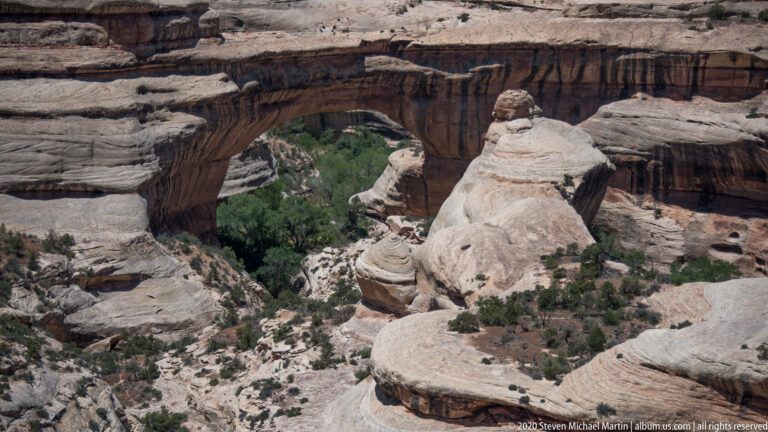 The dark underside of a sandstone bridge frames trees and pale boulders in a canyon.