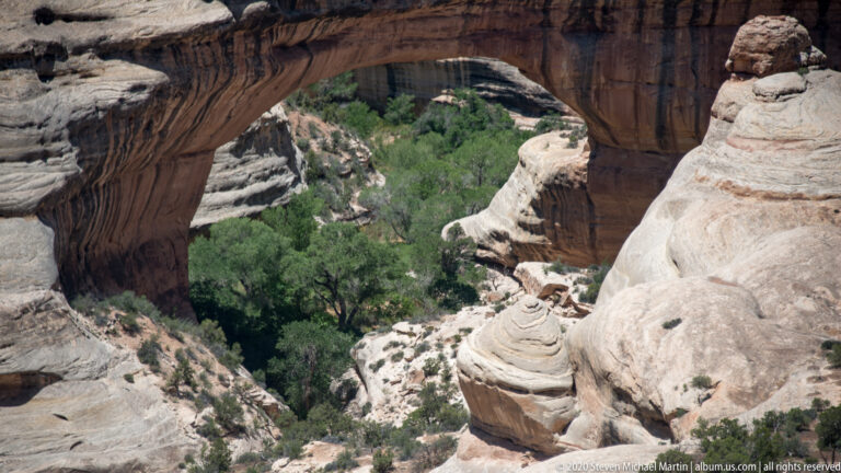 A dark sandstone bridge arches over green trees and pale boulders in a narrow canyon.