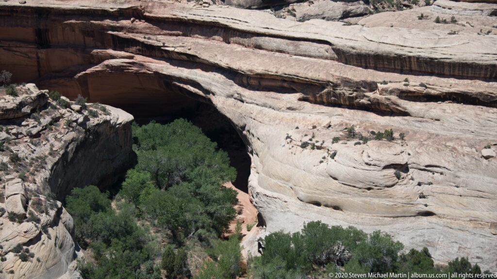 A broad pale sandstone bridge spans a wooded canyon above a sandy trail.