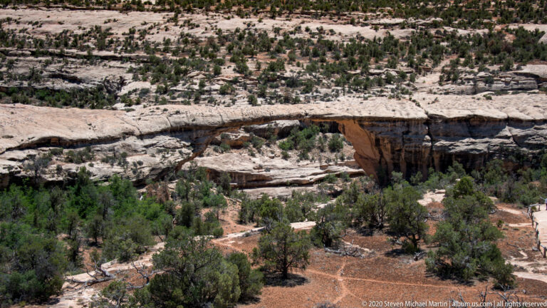 A pale natural bridge crosses above a shrub-filled ravine and winding footpaths.