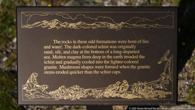 Interpretive sign describes schist, granite, and mushroom-shaped rocks beside line drawings of mountain life.