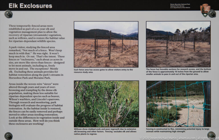 A park interpretive panel titled “Fenced Exclosures” pairs explanatory text with photographs of fences and vegetation.
