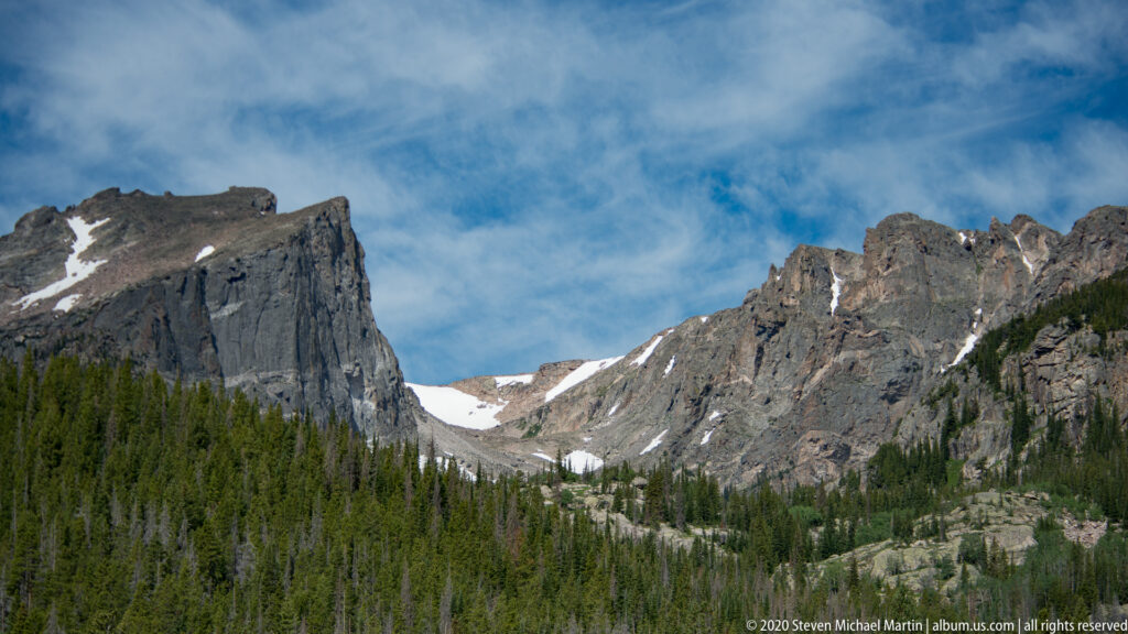 Steep gray peaks enclose a forested alpine valley with patches of snow beneath a partly cloudy sky.