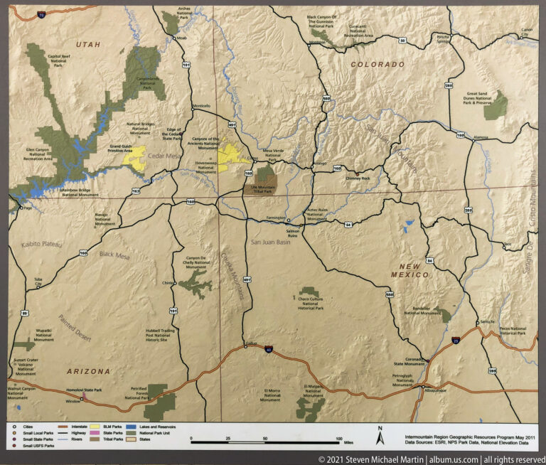Regional Four Corners map with Aztec Ruins National Monument highlighted in northwestern New Mexico.