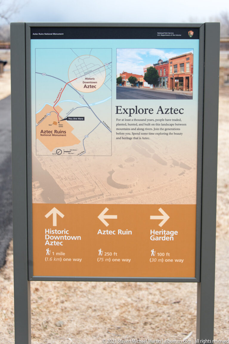 Explore Aztec wayside with local map and arrows to downtown Aztec, Aztec Ruins, and Heritage Garden.