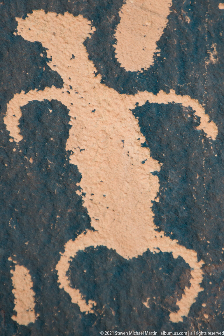 A tightly cropped pale petroglyph with broad rounded contours fills the view, with fragments of other marks below.