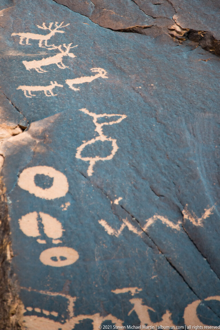 Scattered circles and short linear petroglyphs cross a broad sloping slab with a fissure near the top.
