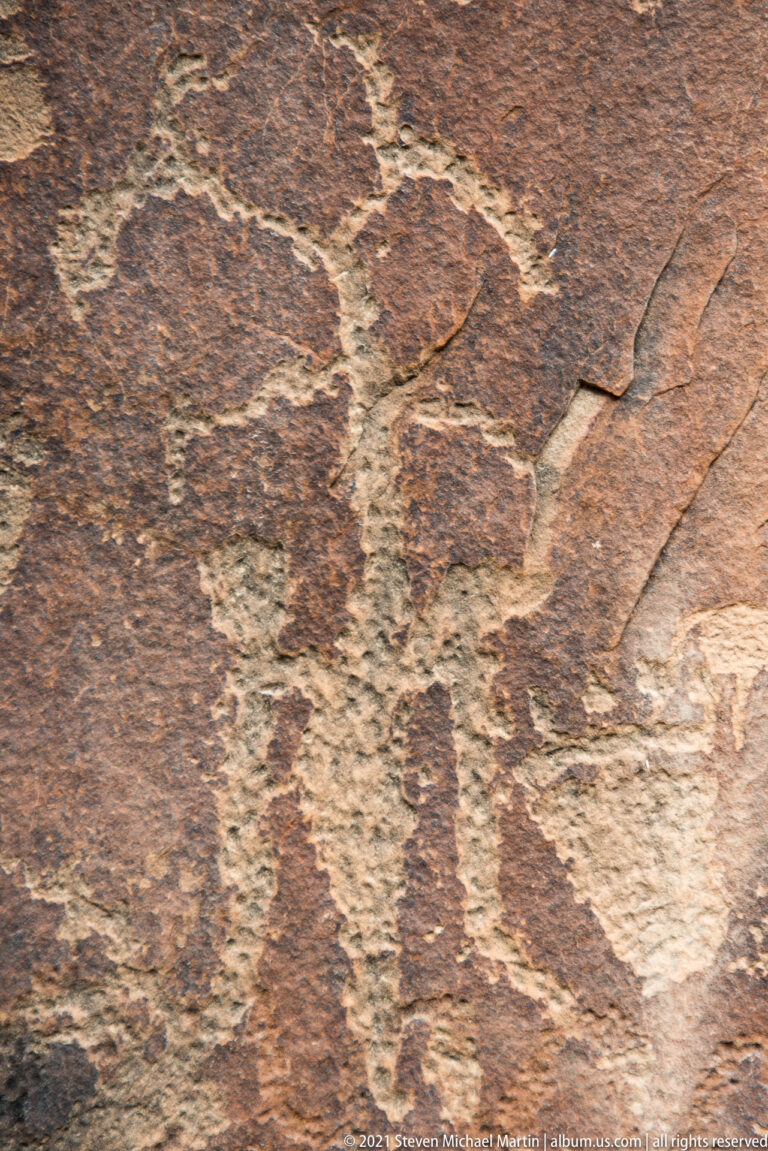 A large pale quadruped-like outline appears on dark stone among smaller petroglyph marks.