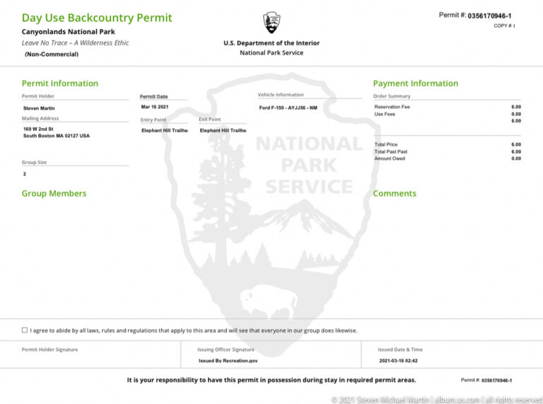 A National Park Service day-use backcountry permit form displays sections for trip details, group members, and payment.