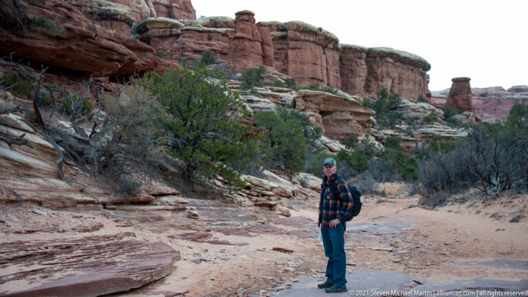 A visitor in a plaid shirt stands on a sandy wash below layered sandstone shelves and shrubs.
