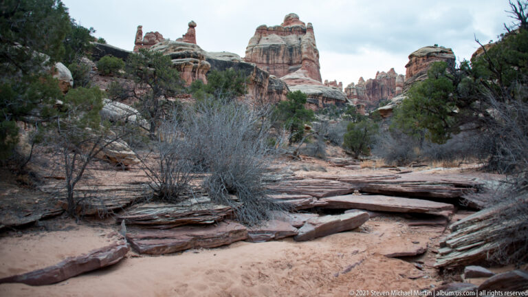 A sandy wash passes between layered sandstone slabs and scrub toward red rock towers.