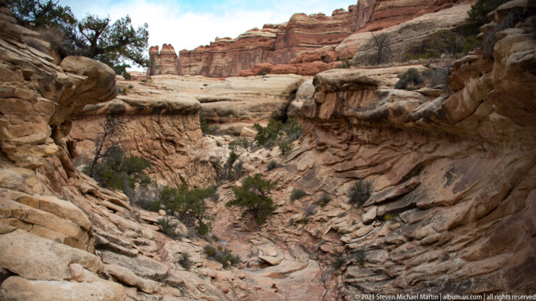 A rocky wash descends between layered sandstone walls, with juniper and scrub scattered along the channel.