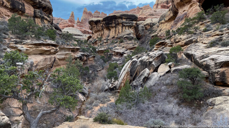 A rocky wash runs beneath a striped sandstone ledge toward red towers and dense canyon shrubs.