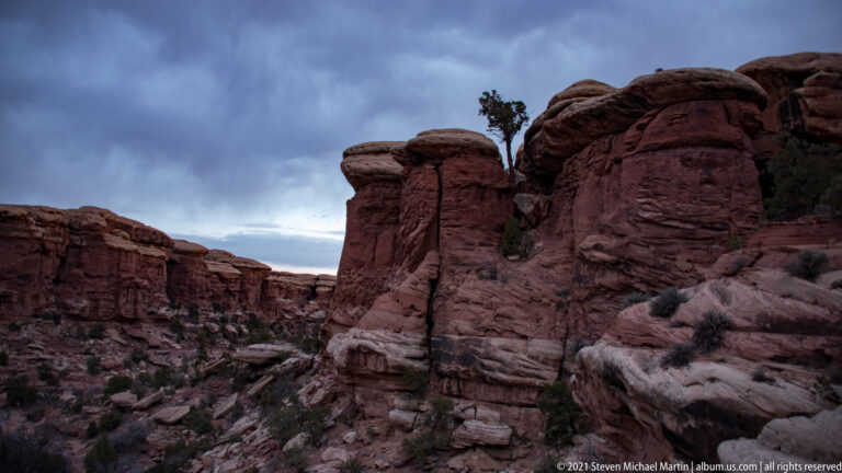 Red sandstone towers and layered ledges rise beneath a cloudy sky, with a lone tree on a high formation.