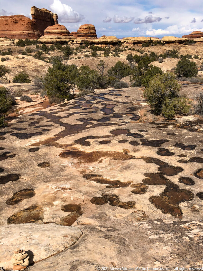 Pale slickrock patterned with dark shallow basins stretches toward low sandstone formations and sparse shrubs.