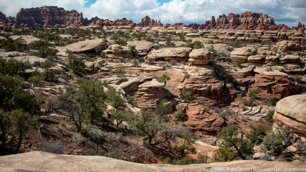 Pale sandstone shelves and gullies descend toward juniper patches and distant red towers beneath clouds.