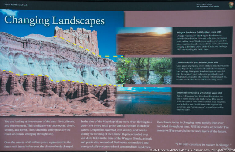 An interpretive panel combines a colored rock-layer diagram, photographs, and text naming local formations.