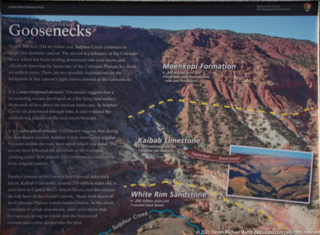 A geology panel labels the Moenkopi Formation, Kaibab Limestone, White Rim Sandstone, and Sulphur Creek over a canyon image.
