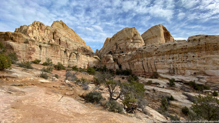 A rocky path passes between pale sandstone walls and scattered junipers along the canyon.