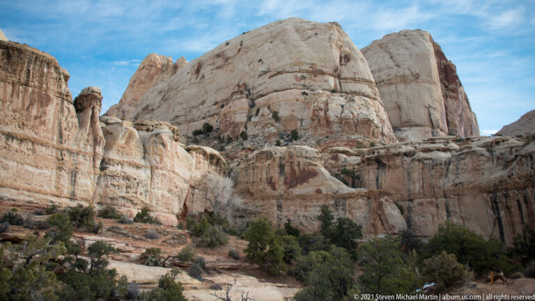Pale, banded sandstone cliffs rise above shrubs and small trees in a narrow canyon.