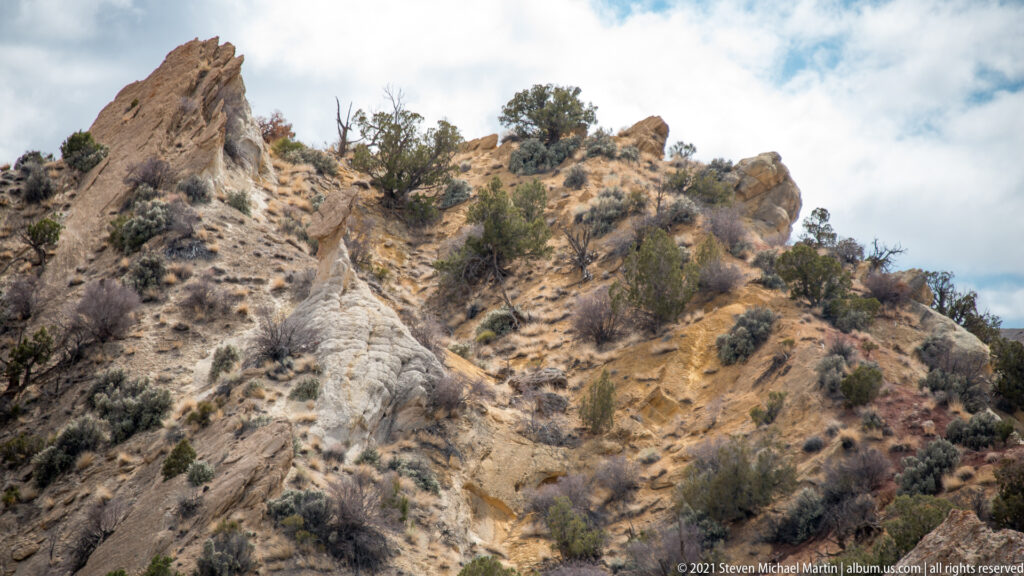 Pale sandstone ribs and shallow gullies cross a steep slope dotted with junipers and scrub.