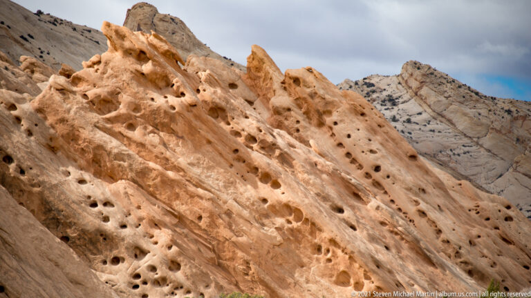 Rounded pits and cavities cover an orange sandstone face, with pale ridges in the background.